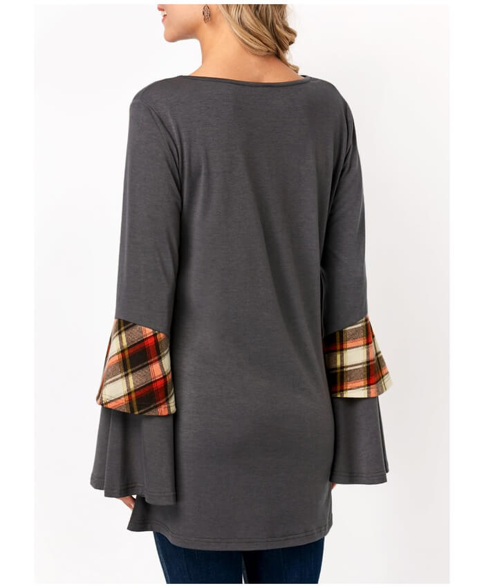 Patchwork Flare Sleeve Grey T Shirt